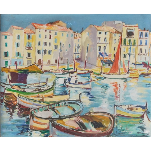 3418 - Harbour scene, 20th century British school oil on canvas within a painted frame, bearing gallery lab... 