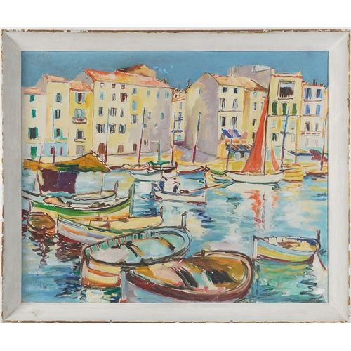 3418 - Harbour scene, 20th century British school oil on canvas within a painted frame, bearing gallery lab... 