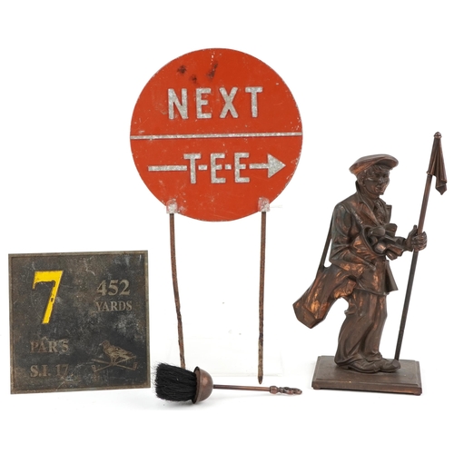 2401 - Golfing interest objects, cast iron fire tool stand, Next Tee ground sign and a Hole 7 452 yard plaq... 