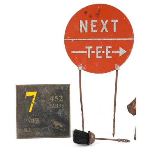 2401 - Golfing interest objects, cast iron fire tool stand, Next Tee ground sign and a Hole 7 452 yard plaq... 