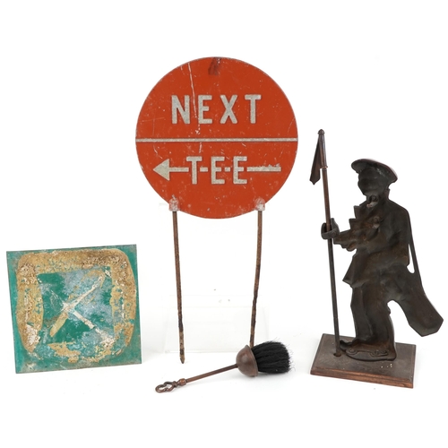 2401 - Golfing interest objects, cast iron fire tool stand, Next Tee ground sign and a Hole 7 452 yard plaq... 