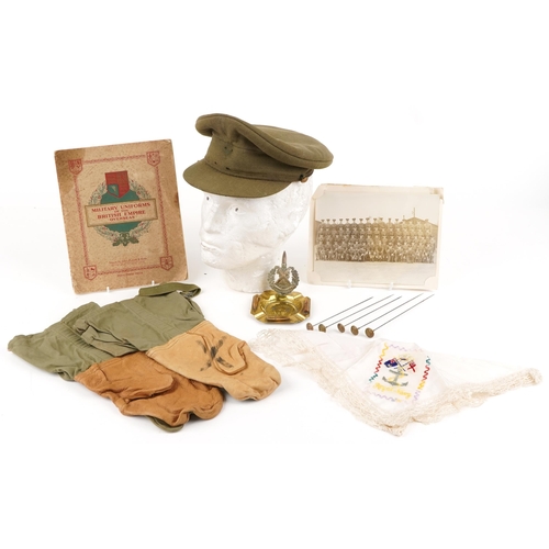 2671 - Militaria including five hat pins, trench art ashtray, embroidered Royal Navy handkerchief and US Ar... 