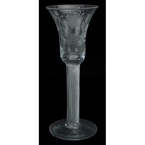 38 - 18th century Jacobite wine glass with etched bowl and air twist stem, 18cm high