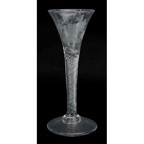 39 - 18th century Jacobite wine glass with etched bowl and air twist stem, 17.5cm high