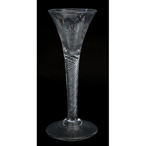 39 - 18th century Jacobite wine glass with etched bowl and air twist stem, 17.5cm high