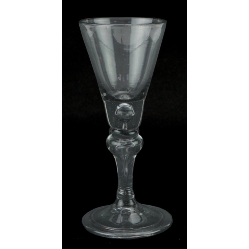 155 - 18th century wine glass with single knop bubble stem, 15.5cm high