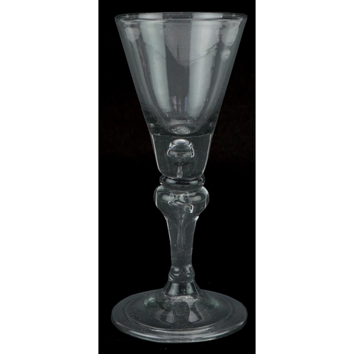 155 - 18th century wine glass with single knop bubble stem, 15.5cm high