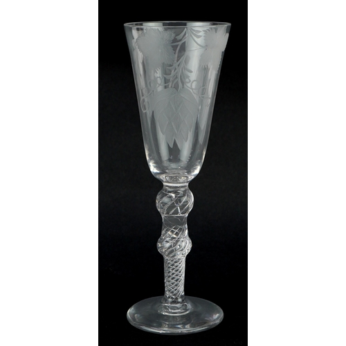 154 - 18th century wine glass with etched bowl, 19cm high