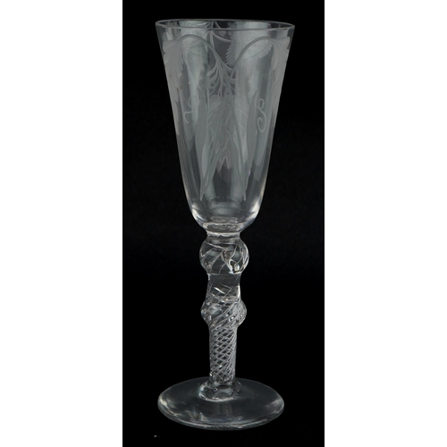 154 - 18th century wine glass with etched bowl, 19cm high