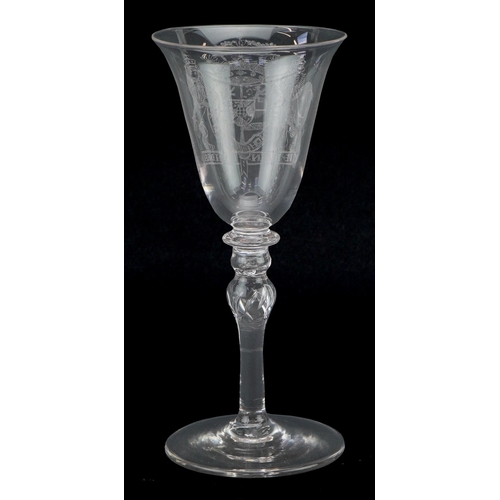 255 - 18th century wine glass with coat of arms etched bowl, 18cm high