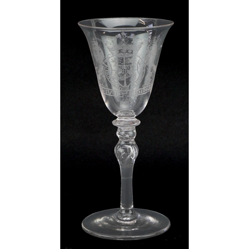 255 - 18th century wine glass with coat of arms etched bowl, 18cm high