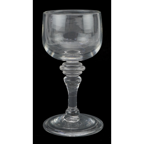 44 - 18th century wine glass with multiple knop stem, 14cm high