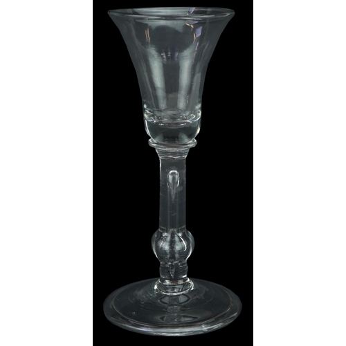 257 - 18th century wine glass with single knop stem, 15cm high