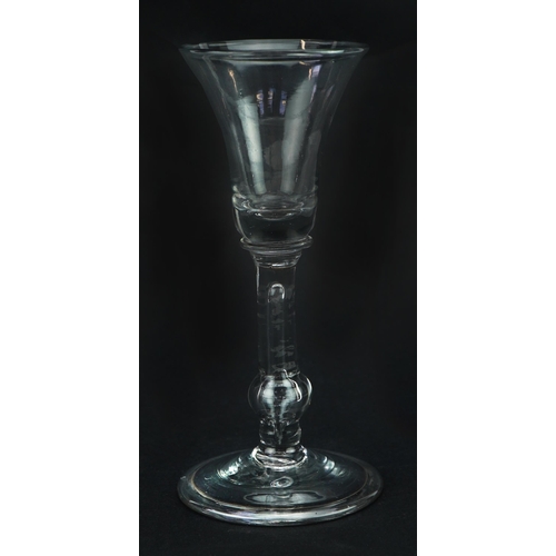 257 - 18th century wine glass with single knop stem, 15cm high