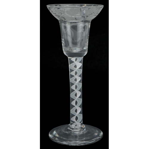 40 - 18th century wine glass with etched bowl and opaque air twist stem, 16cm high