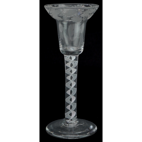 40 - 18th century wine glass with etched bowl and opaque air twist stem, 16cm high