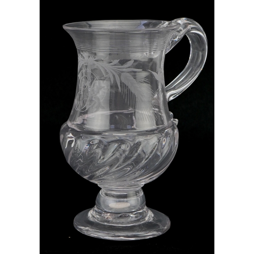 158 - 19th century etched glass tankard with encased coin to the foot, 15cm high