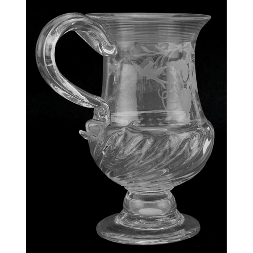 158 - 19th century etched glass tankard with encased coin to the foot, 15cm high