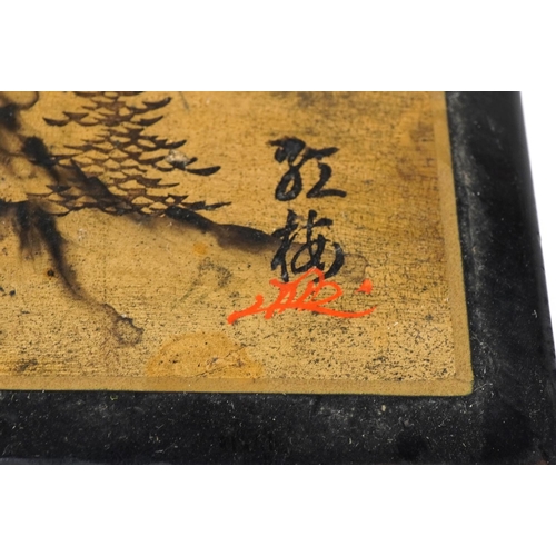 1173 - Japanese black lacquered musical jewellery box hand painted with views of Mount Fuji, 43cm in length