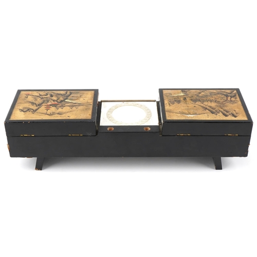 1173 - Japanese black lacquered musical jewellery box hand painted with views of Mount Fuji, 43cm in length