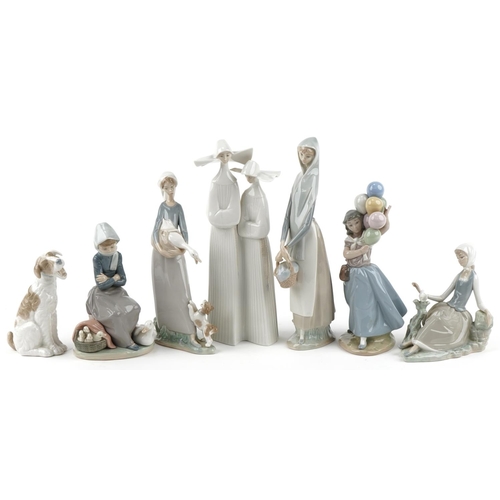 527 - Seven Lladro and Nao porcelain figures and animals including girl with geese, girl with balloons and... 