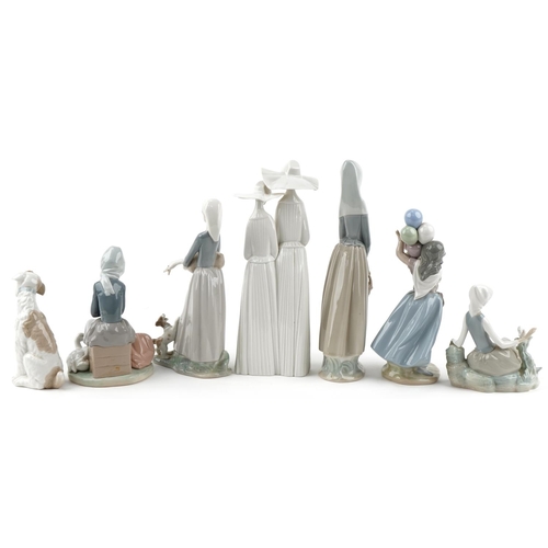 527 - Seven Lladro and Nao porcelain figures and animals including girl with geese, girl with balloons and... 