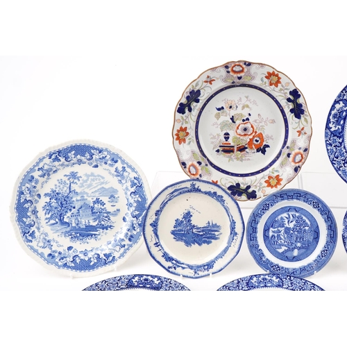 1178 - Pair of ironstone plates together with a similar plate together with group of Willow pattern and blu... 