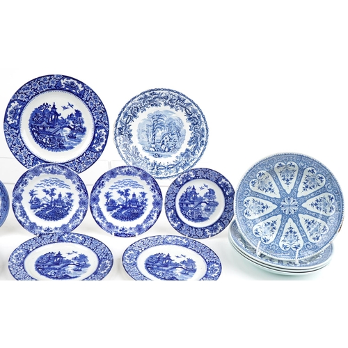 1178 - Pair of ironstone plates together with a similar plate together with group of Willow pattern and blu... 