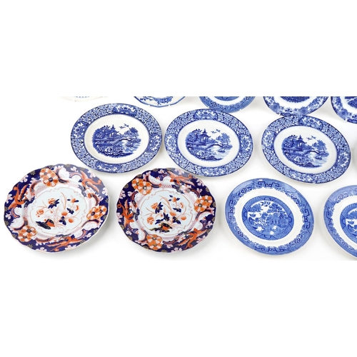 1178 - Pair of ironstone plates together with a similar plate together with group of Willow pattern and blu... 