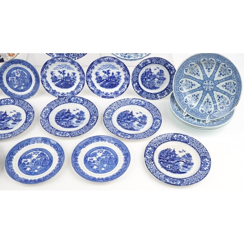 1178 - Pair of ironstone plates together with a similar plate together with group of Willow pattern and blu... 