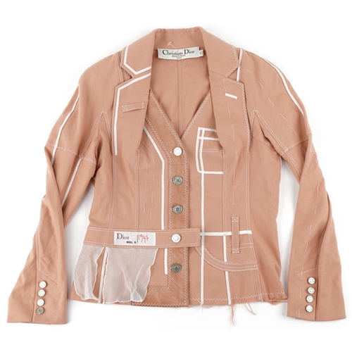 1441 - Christian Dior Boutique Paris ladies peach denim jacket with white piping, with engraved buttons and... 