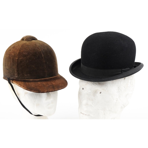 1455 - Lock & Co bowler hat together with a triple crown riding hat designed by Harry Hall