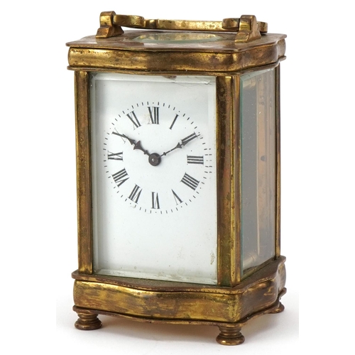 229 - Early 20th century French lacquered brass carriage clock, the white enamelled dial with black Roman ... 