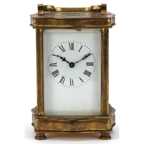 229 - Early 20th century French lacquered brass carriage clock, the white enamelled dial with black Roman ... 