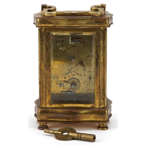 229 - Early 20th century French lacquered brass carriage clock, the white enamelled dial with black Roman ... 