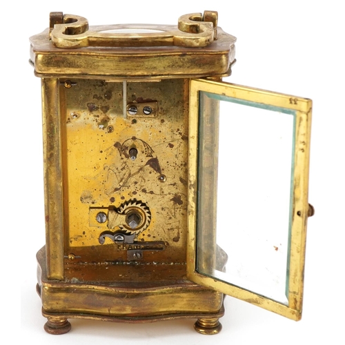 229 - Early 20th century French lacquered brass carriage clock, the white enamelled dial with black Roman ... 