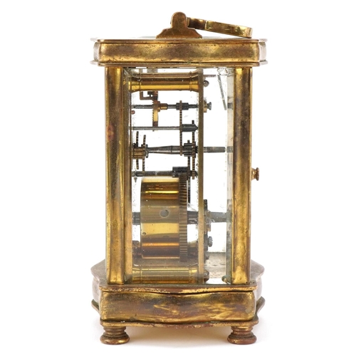 229 - Early 20th century French lacquered brass carriage clock, the white enamelled dial with black Roman ... 