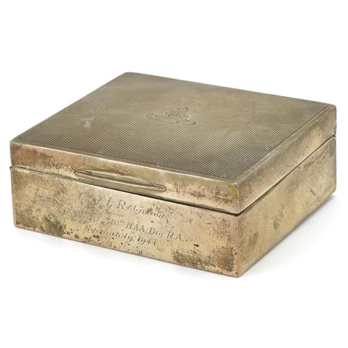 431 - George V silver cigarette box with engine turned decoration, presented to Captain L. Robinson from F... 