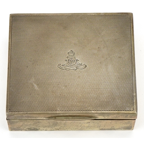 431 - George V silver cigarette box with engine turned decoration, presented to Captain L. Robinson from F... 