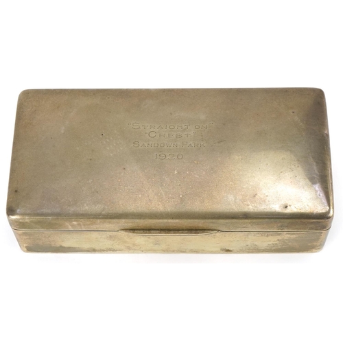 416 - Victorian silver cigarette box, the domed hinged lid engraved 'Straight On Crest', Sandown Park, 192... 