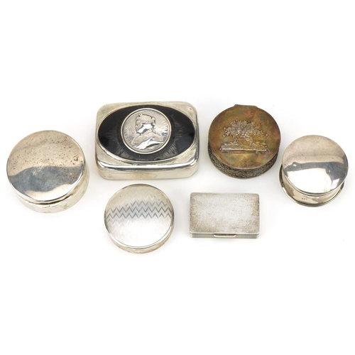 418 - Group of six silver boxes, four circular and two rectangular, the largest 7.5cm wide, overall weight... 