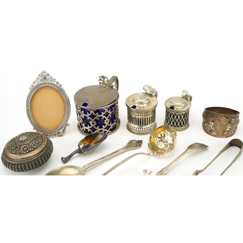 459 - Mixed group of silver items including a matched cruet set, each with blue glass liner, napkin ring, ... 