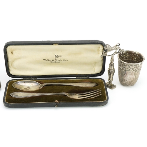 429 - Group of silver items including a silver photograph frame, silver seal, silver cased fork and spoon ... 