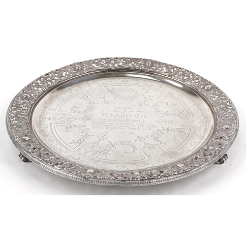 397 - Victorian circular silver salver presented to C C L M. Jardine. Esquire by The Cartsherrie Ironworks... 