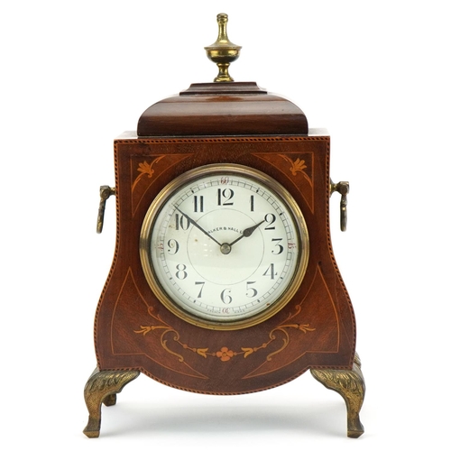 190 - Edwardian mahogany and inlaid mantle clock by Walker & Hall Ltd, fitted with a French movement, the ... 