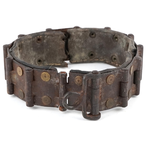 77 - Antique steel and leather dog collar, approximately 17cm in diameter