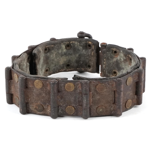 77 - Antique steel and leather dog collar, approximately 17cm in diameter