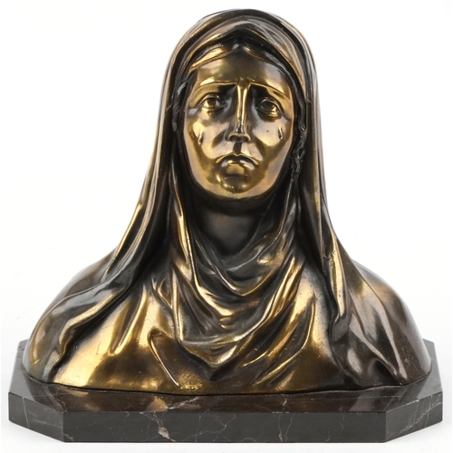 295 - Bronzed spelter bust of weeping Madonna raised on a black marble base, 22cm high