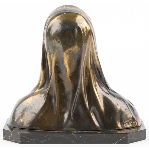 295 - Bronzed spelter bust of weeping Madonna raised on a black marble base, 22cm high