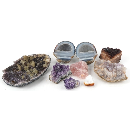 1416 - Collection of rock and mineral specimens including amethyst, rose quartz and agate, the largest 19cm... 